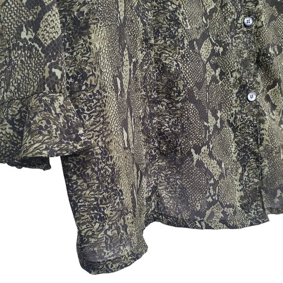 Avenue 30 32 Blouse Semi Sheer Chiffon Snake Print Button Ruffle Collar Sleeves - Picture 6 of 10